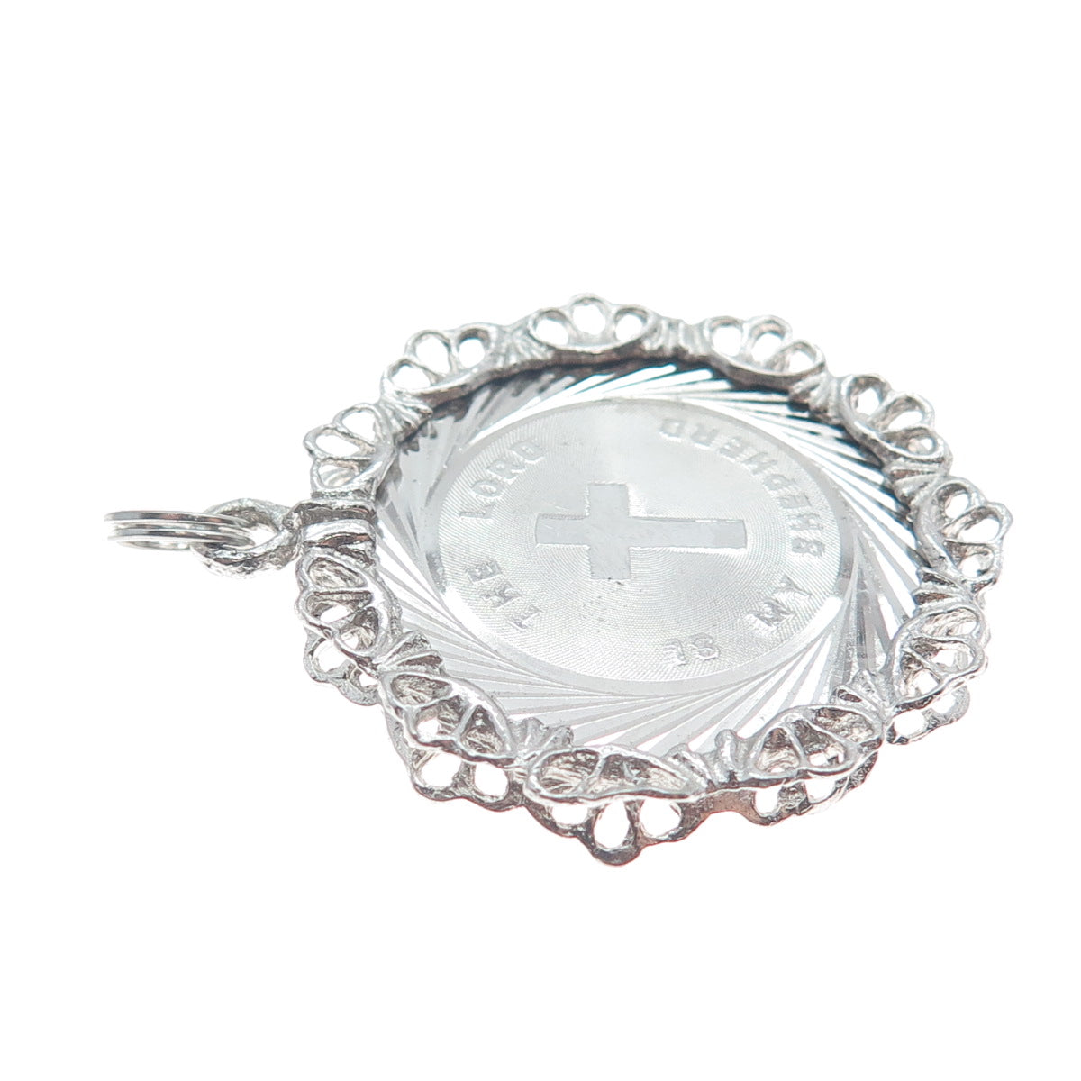 925 Sterling Silver Vintage The Lord Is My Shepherd Ornate Religious Pendant