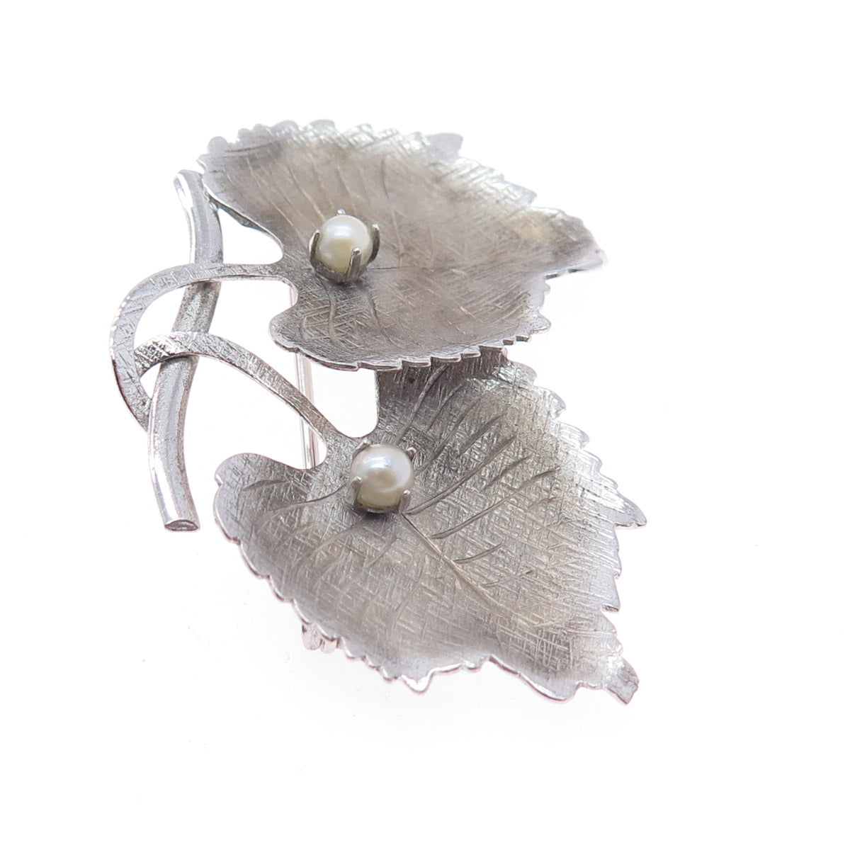 CARL ART 925 Sterling Silver Antique Art Deco Real Pearl Floral Leaf Pin Brooch