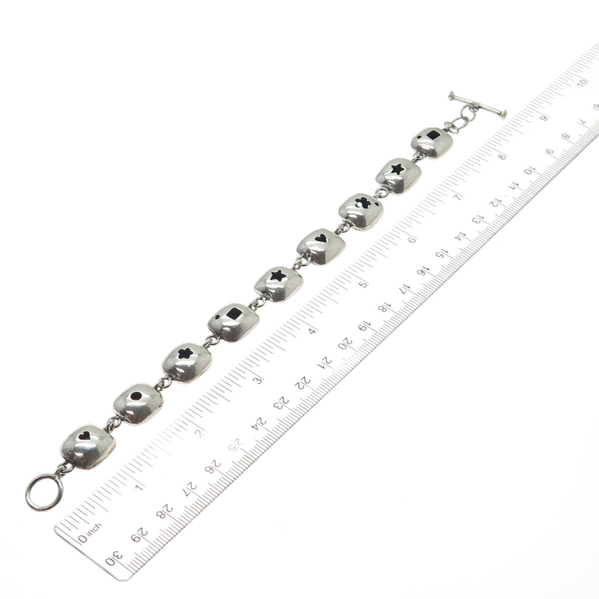 925 Sterling Silver Vintage Heart Star Flower Shadow Box Link Bracelet 7.25"