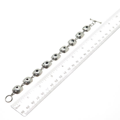 925 Sterling Silver Vintage Heart Star Flower Shadow Box Link Bracelet 7.25"