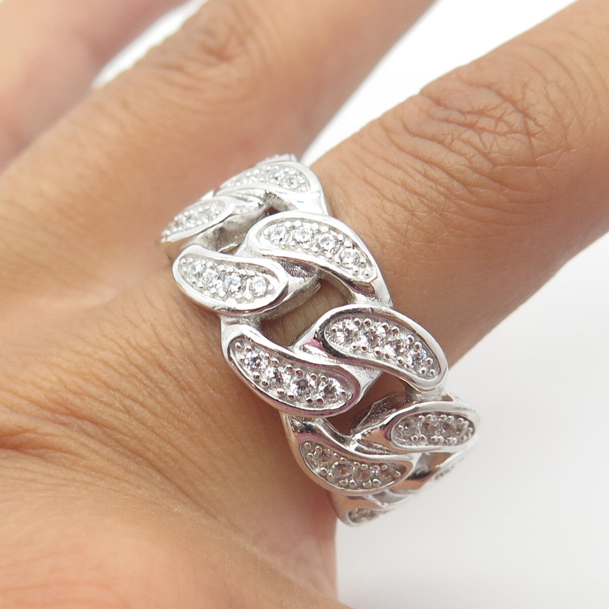 925 Sterling Silver White C Z Cuban Chain Link Band Ring Size 13.25