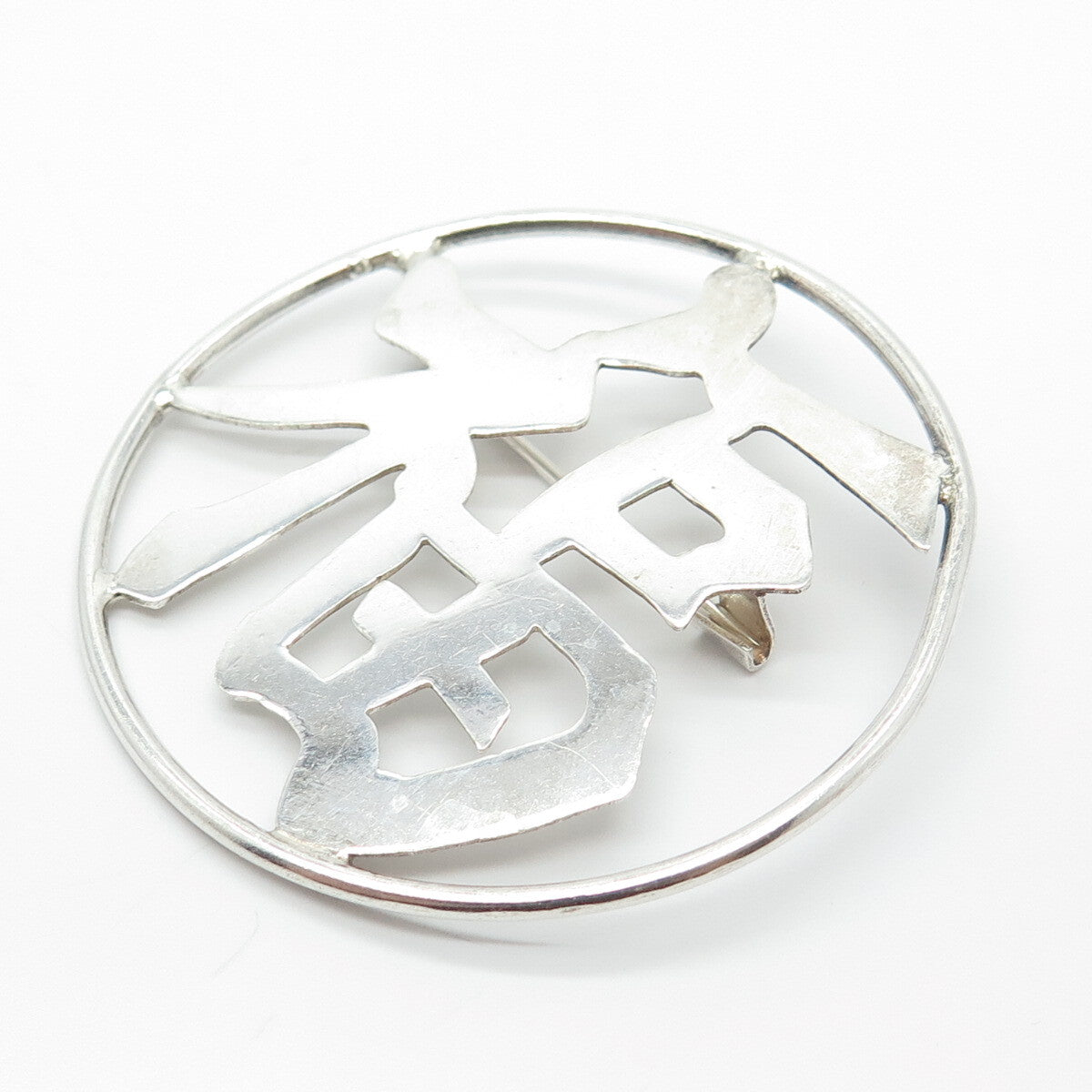 925 Sterling Silver Vintage Chinese Character Pin Brooch
