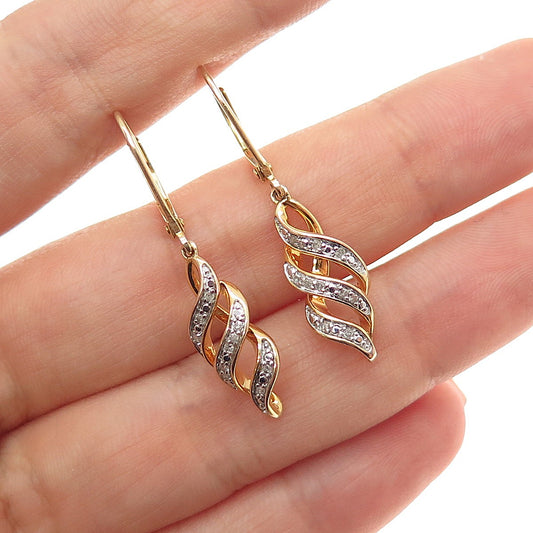 SUN 925 Sterling Silver Gold Plated Real Diamond Twisted Dangle Earrings