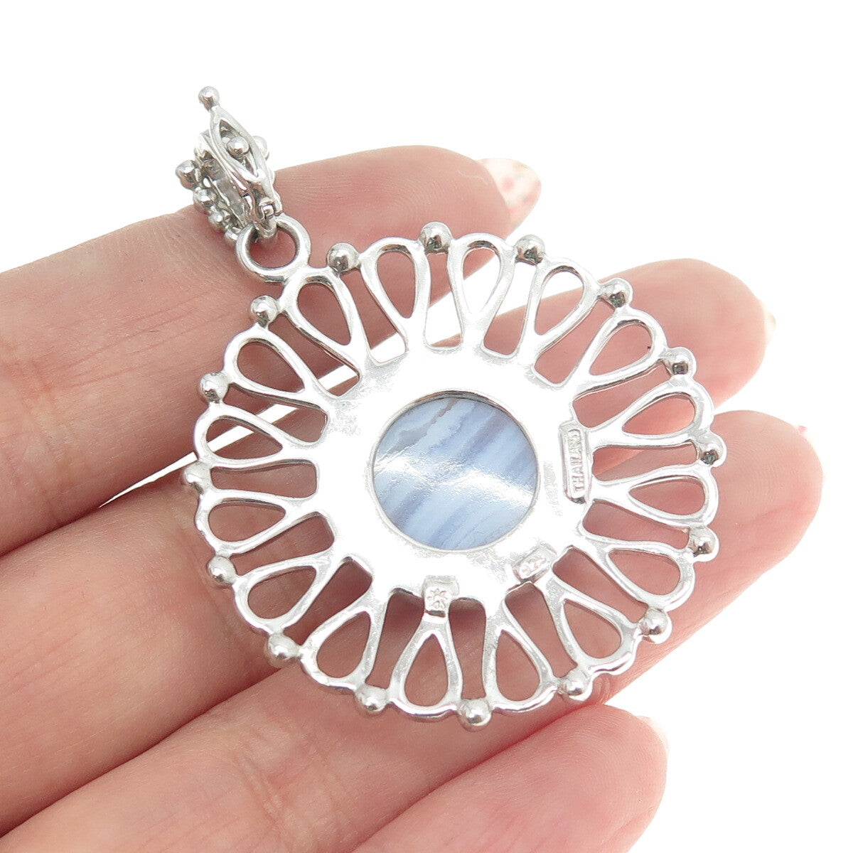 925 Sterling Silver Vintage Real Cabochon Blue Lace Agate Flower Pendant