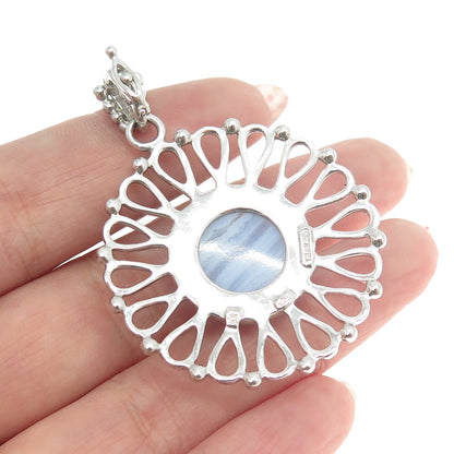 925 Sterling Silver Vintage Real Cabochon Blue Lace Agate Flower Pendant