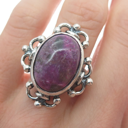 925 Sterling Silver Vintage Real Sugilite Floral Cross Oxidized Ring Size 8.5