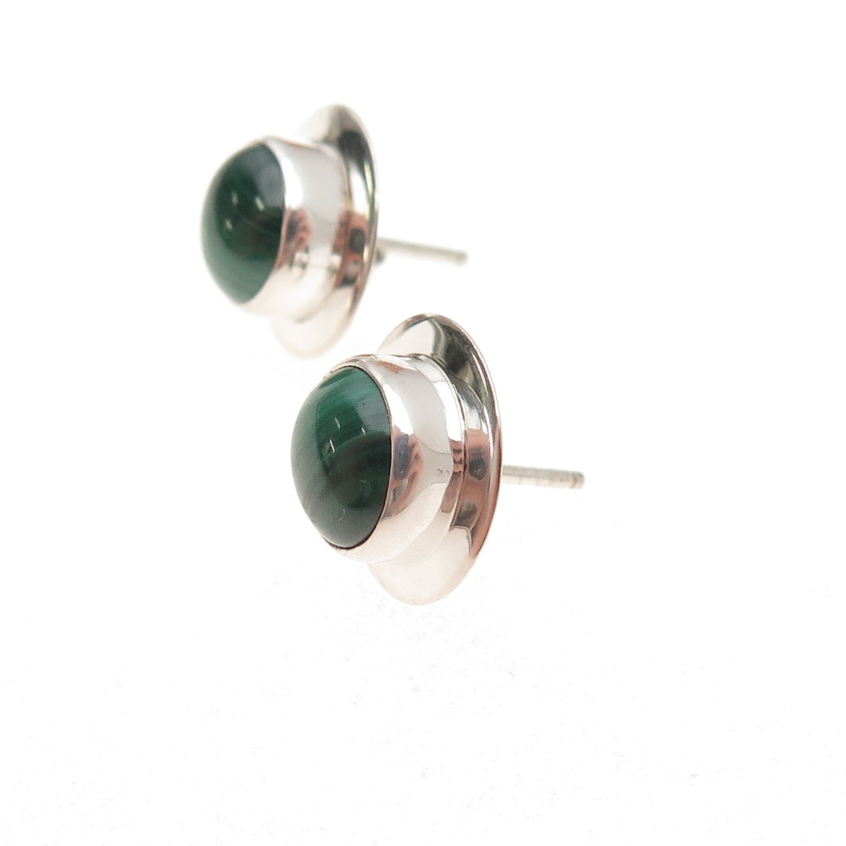 925 Sterling Silver Vintage Real Malachite Modernist Disc Stud Earrings