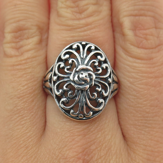 925 Sterling Silver Vintage Rose Flower Ornate Oxidized Ring Size 6.75