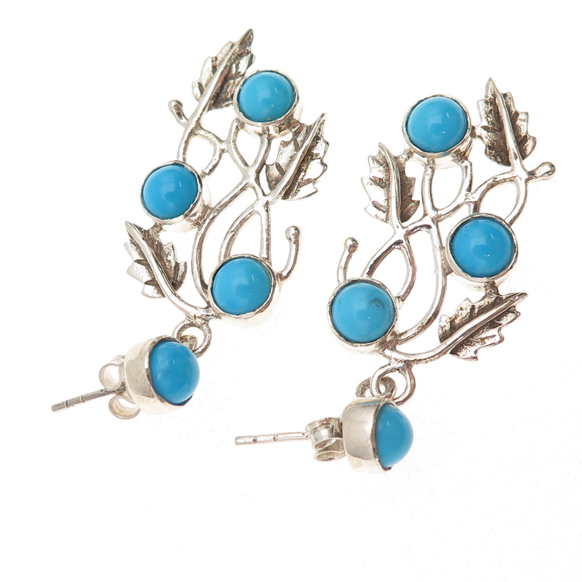 925 Sterling Vintage Real Sleeping Beauty Turquoise Floral Leaf Dangle Earrings