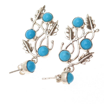 925 Sterling Vintage Real Sleeping Beauty Turquoise Floral Leaf Dangle Earrings