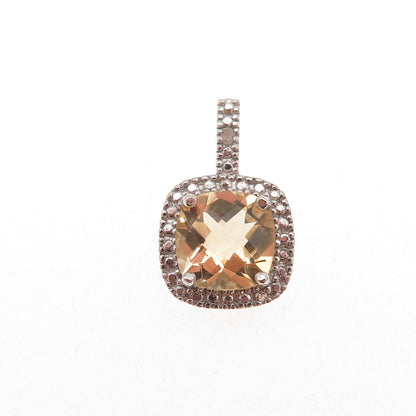 925 Sterling Silver Real Round-Cut Diamond & Cushion-Cut Citrine Charm Pendant