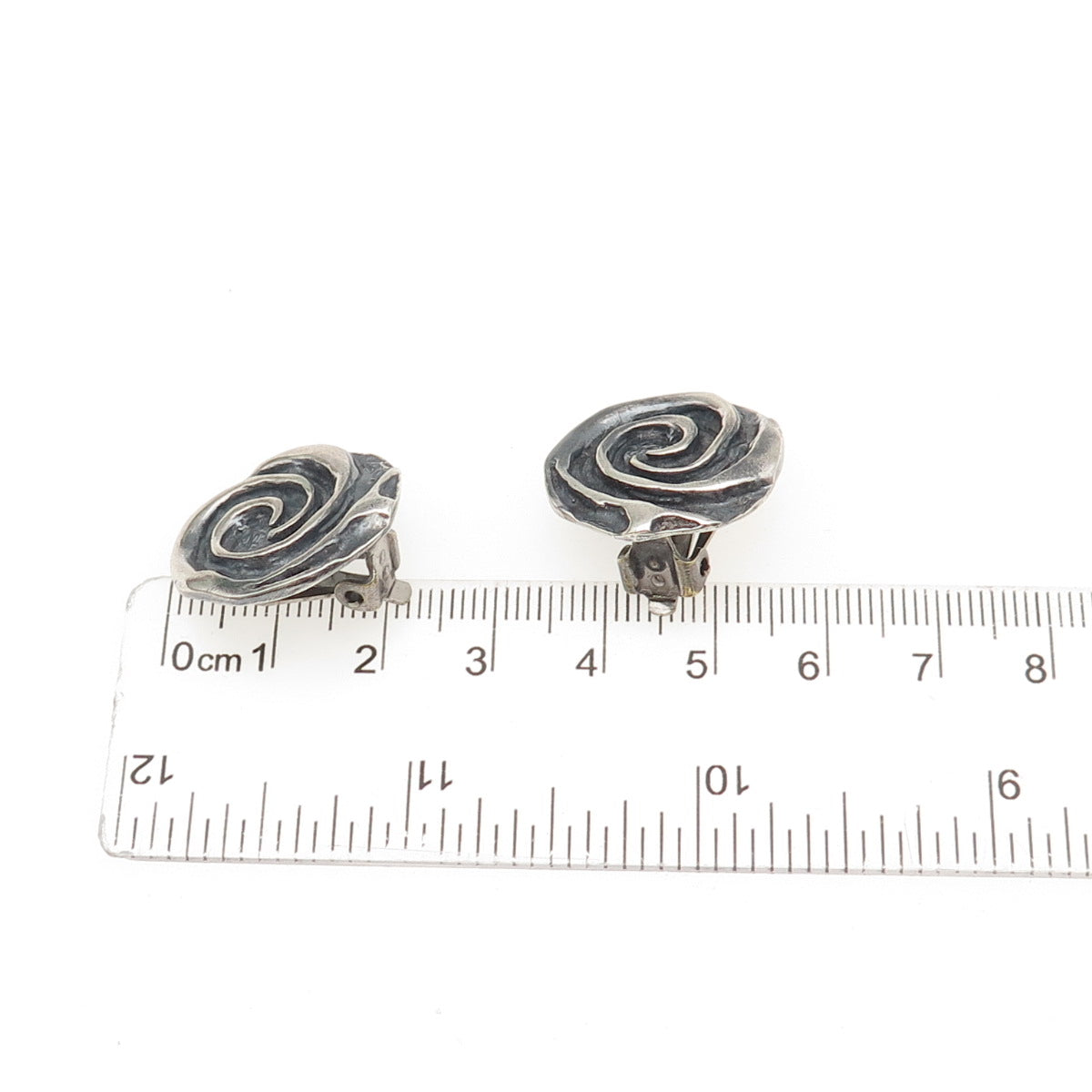 925 Sterling Silver Vintage Modernist Spiral Oxidized Clip On Earrings