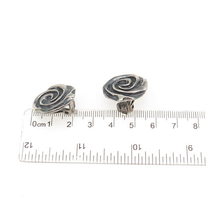 925 Sterling Silver Vintage Modernist Spiral Oxidized Clip On Earrings
