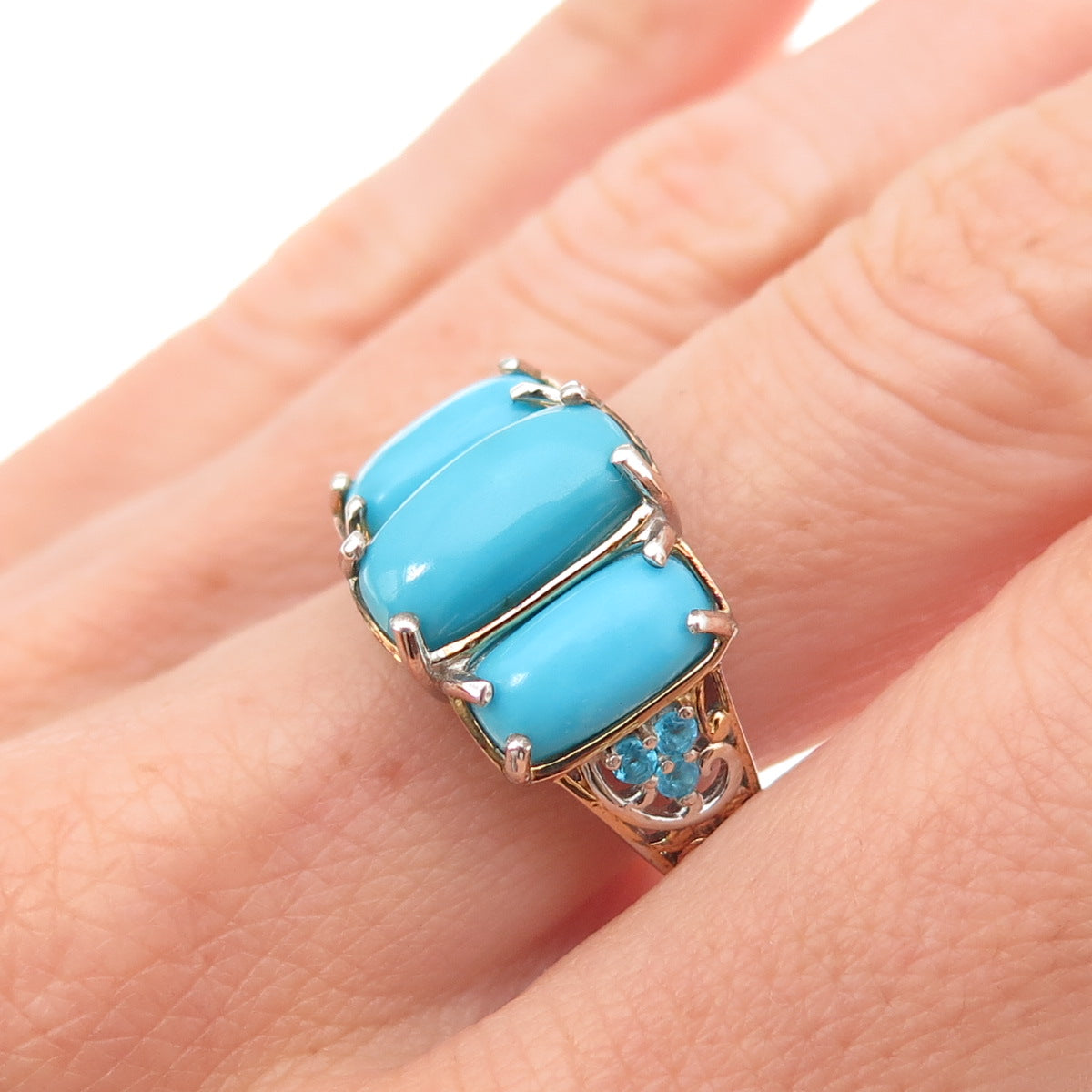 D'Joy Sterling Silver 2-Tone Real Sleeping Beauty Turquoise Apatite Ring Size 8
