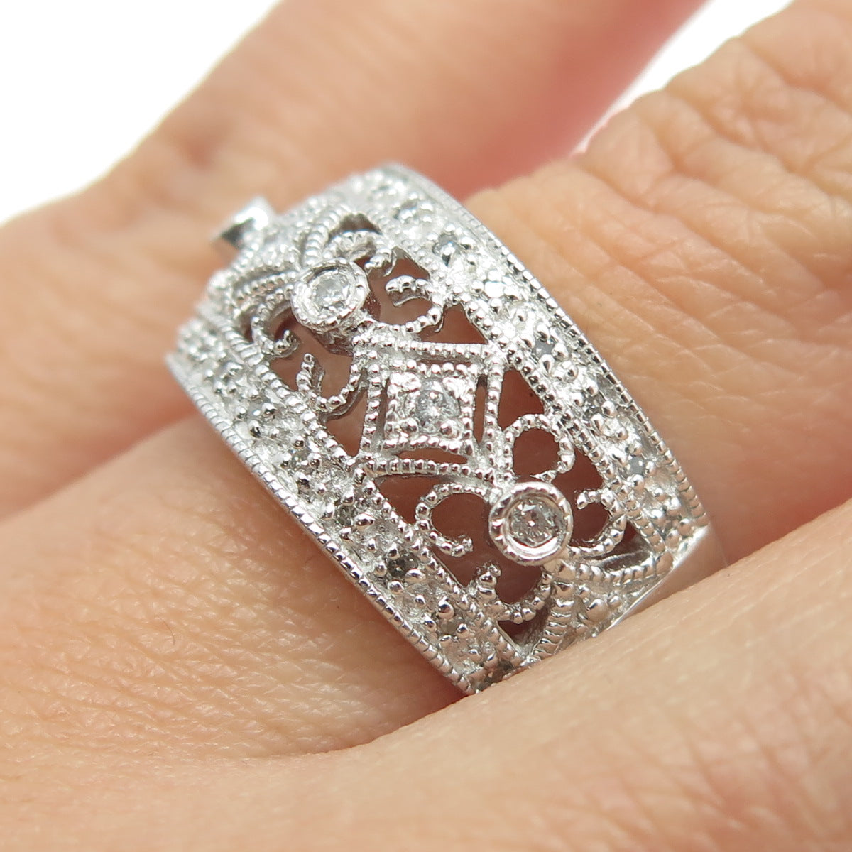 925 Sterling Silver Real Round-Cut Diamond Ornate Ring Size 7