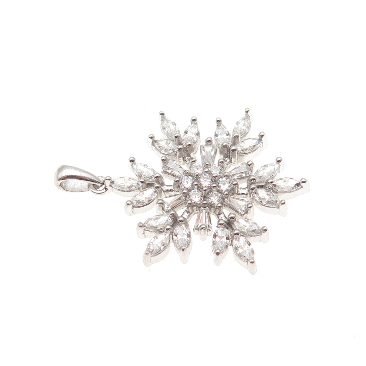 925 Sterling Silver Round Marquise & Tapered Baguette-Cut C Z Snowflake Pendant