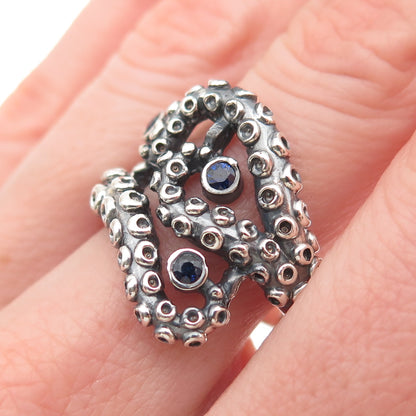 925 Sterling Silver Vintage Real Sapphire Octopus Oxidized Ring Size 8.25