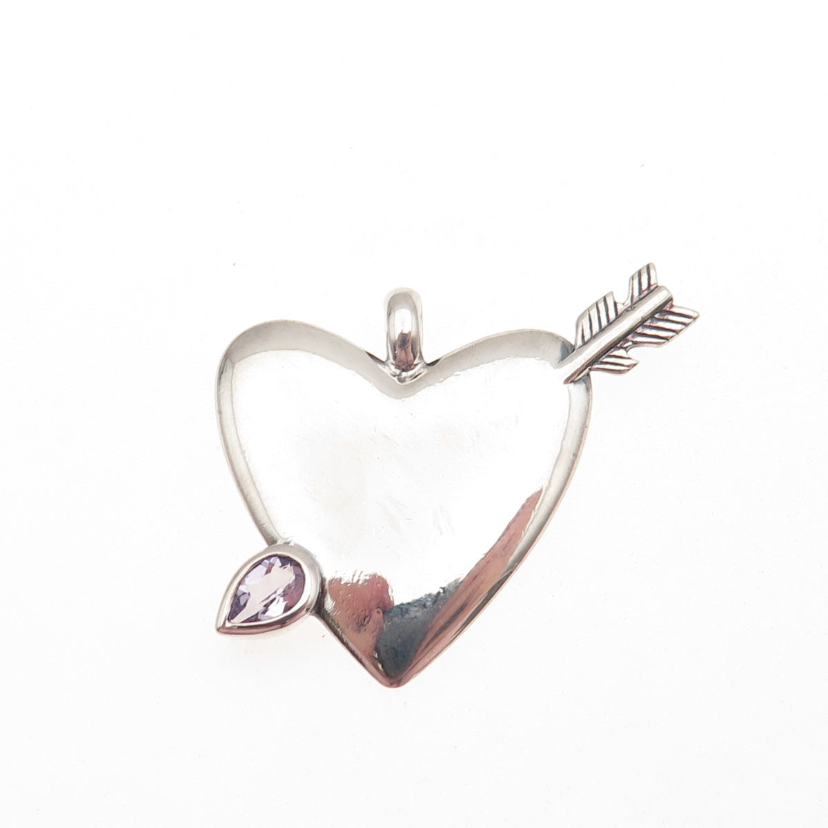 925 Sterling Silver Vintage Real Amethyst Heart & Arrow Charm Pendant
