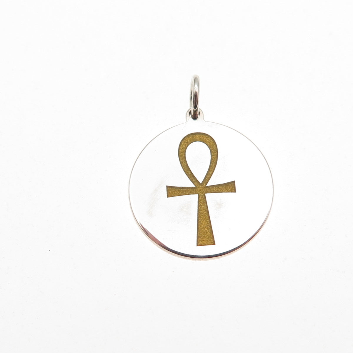 925 Sterling Silver Mustard Enamel Egyptian Ankh Round Tag Mini Charm Pendant