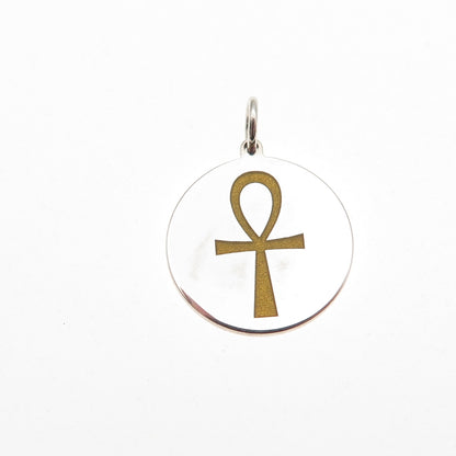 925 Sterling Silver Mustard Enamel Egyptian Ankh Round Tag Mini Charm Pendant