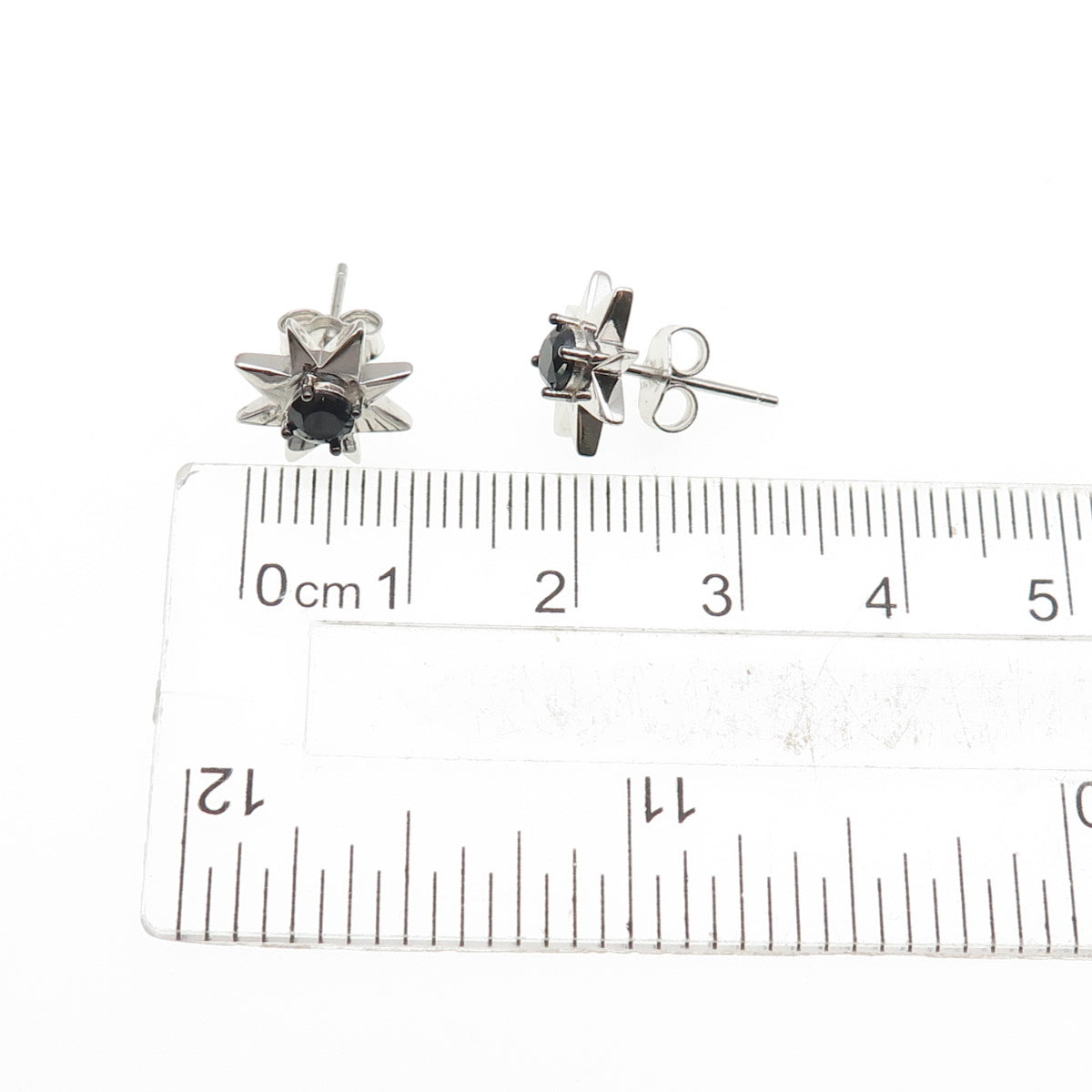 925 Sterling Silver Real Round-Cut Black Spinel Sun Stud Earrings