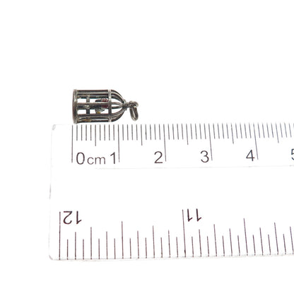 925 Sterling Silver Antique Enamel Bird Cage Oxidized Minimalist 3D Pendant
