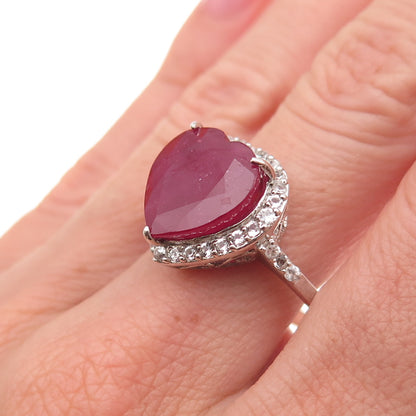 Chuck Clemency 925 Sterling Silver Real Ruby & White Topaz Heart Ring Size 10