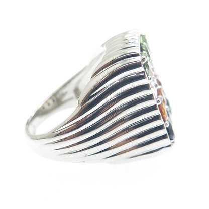 DSMK 925 Sterling Silver Round-Cut Multi-Color Sapphire Ribbed Ring Size 7.25