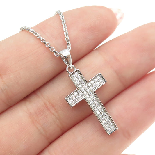 925 Sterling Silver Italy Round-Cut C Z Sparkle Cross Cable Chain Necklace 18"