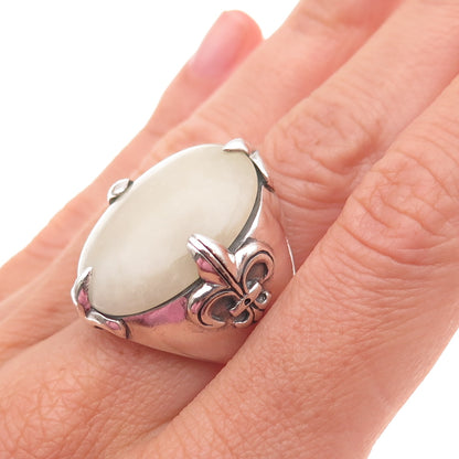 925 Sterling Silver Vintage Real Calcite Fleur de Lis Oxidized Ring Size 7