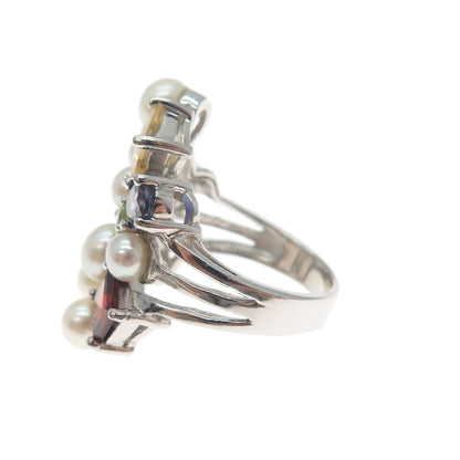 925 Sterling Silver Real Pearl Topaz Citrine Peridot Garnet & Iolite Ring Size 5