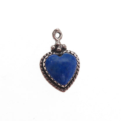 925 Sterling Silver Vintage Real Lapis Heart Oxidized Charm Pendant