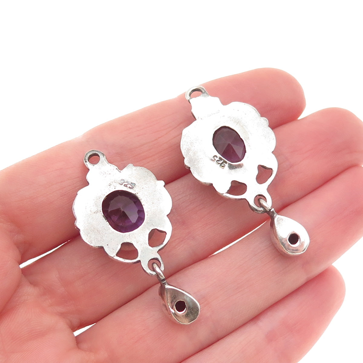 925 Sterling Silver Vintage Real Amethyst Swirl Oxidized Jacket Earrings