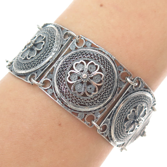 925 Sterling Silver Antique Flower Filigree Panel Link Oxidized Bracelet 7-8"
