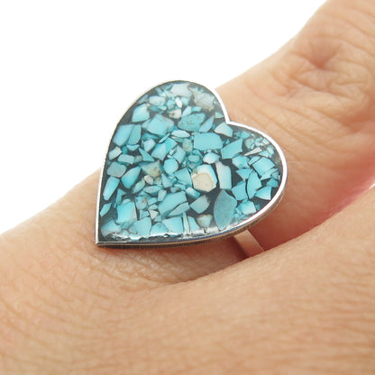 925 Sterling Silver Vintage Real Turquoise Inlay Heart Ring Size 5.25