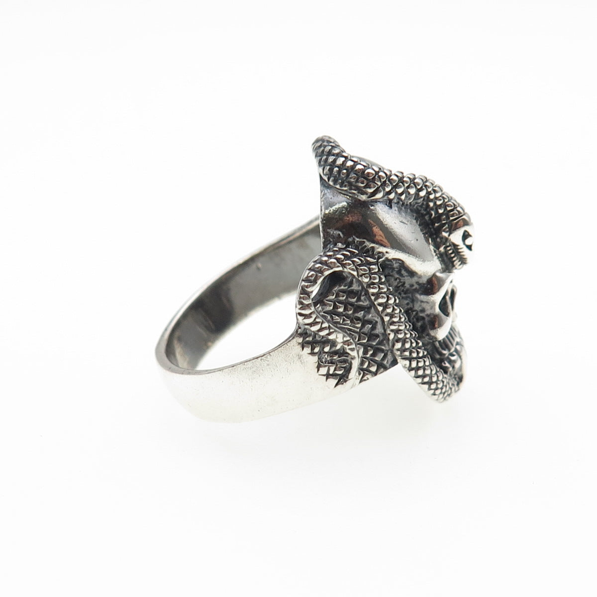 925 Sterling Silver Vintage Skull & Snake Oxidized Biker Ring Size 7.75
