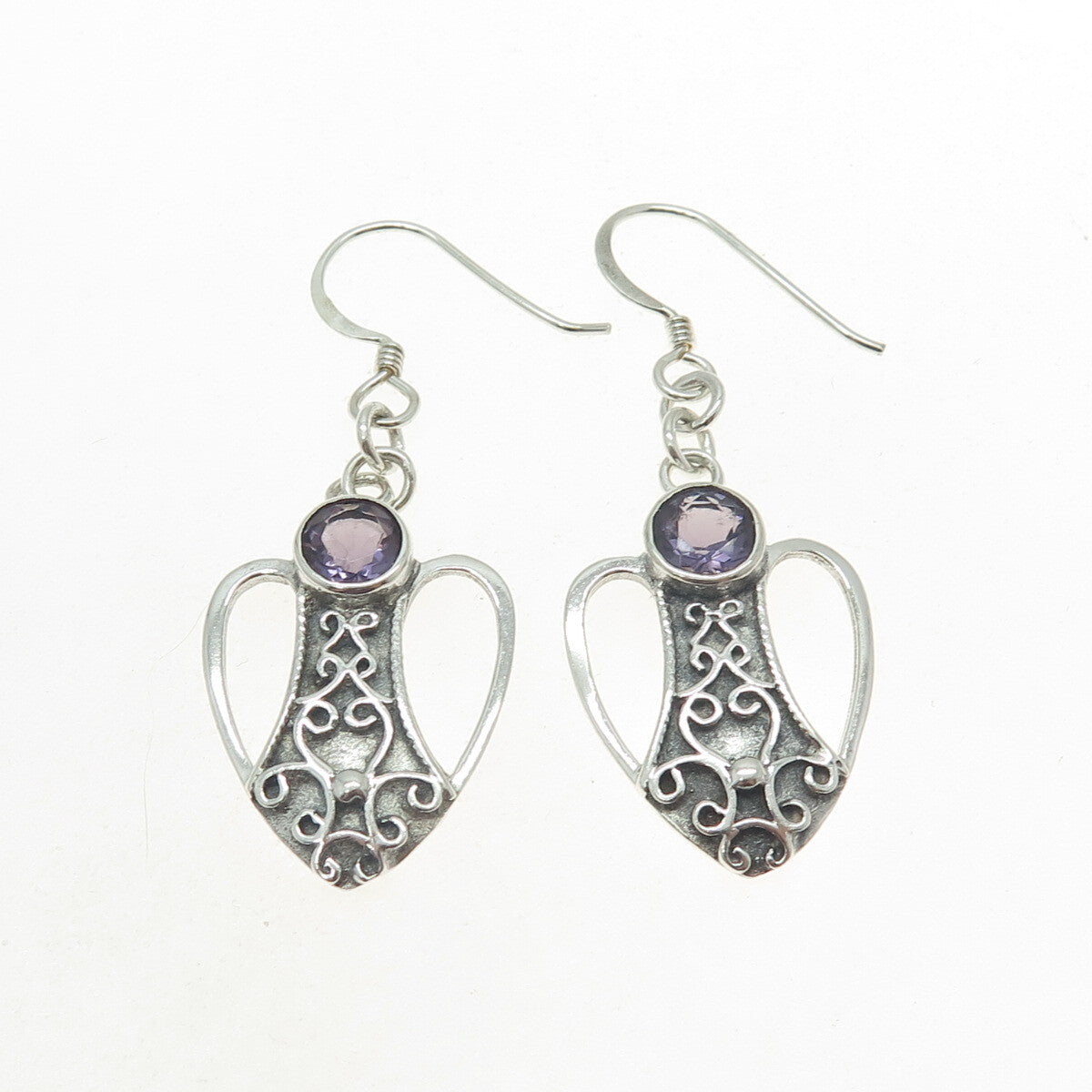 925 Sterling Silver Vintage Real Amethyst Modernist Heart Dangle Earrings