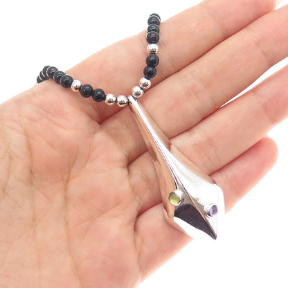 925 Sterling Silver Vintage Real Black Onyx Amethyst Peridot Beaded Necklace 18"