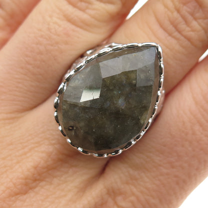 925 Sterling Silver Real Labradorite Floral Teardrop Ring Size 8.25