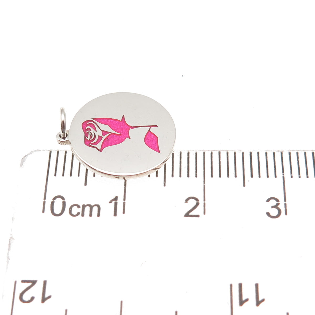925 Sterling Silver Pink Enamel Rose Round Tag Mini Charm Pendant