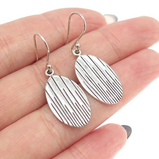 925 Sterling Silver Modernist Lined Oval Dangling Earrings