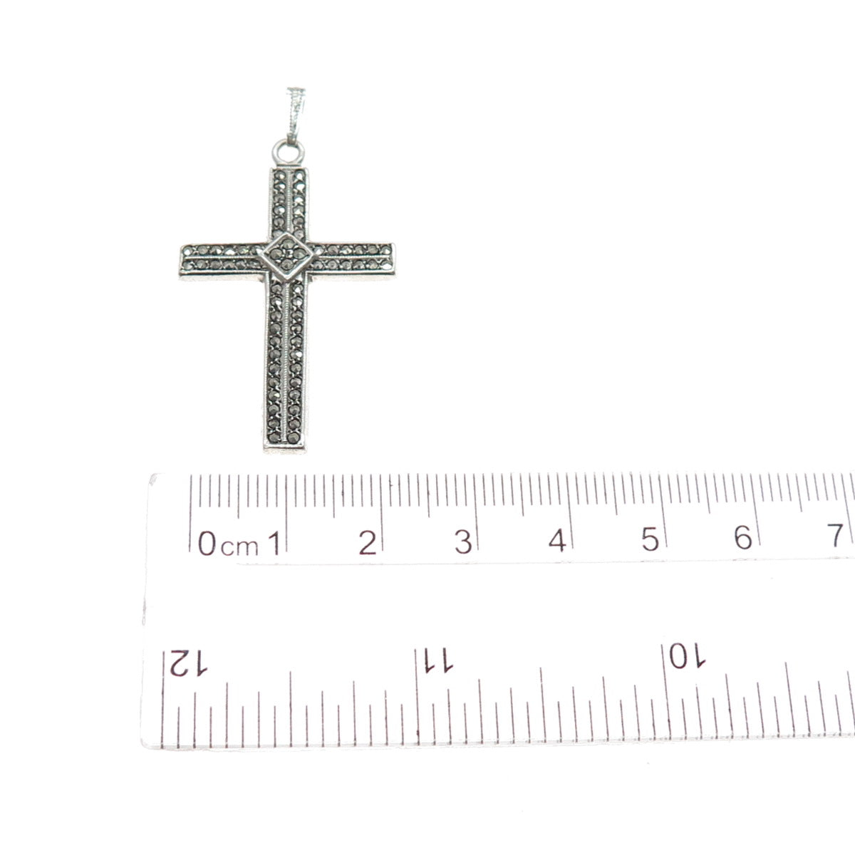 925 Sterling Silver Antique Art Deco Real Marcasite Cross Charm Pendant