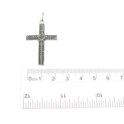 925 Sterling Silver Antique Art Deco Real Marcasite Cross Charm Pendant
