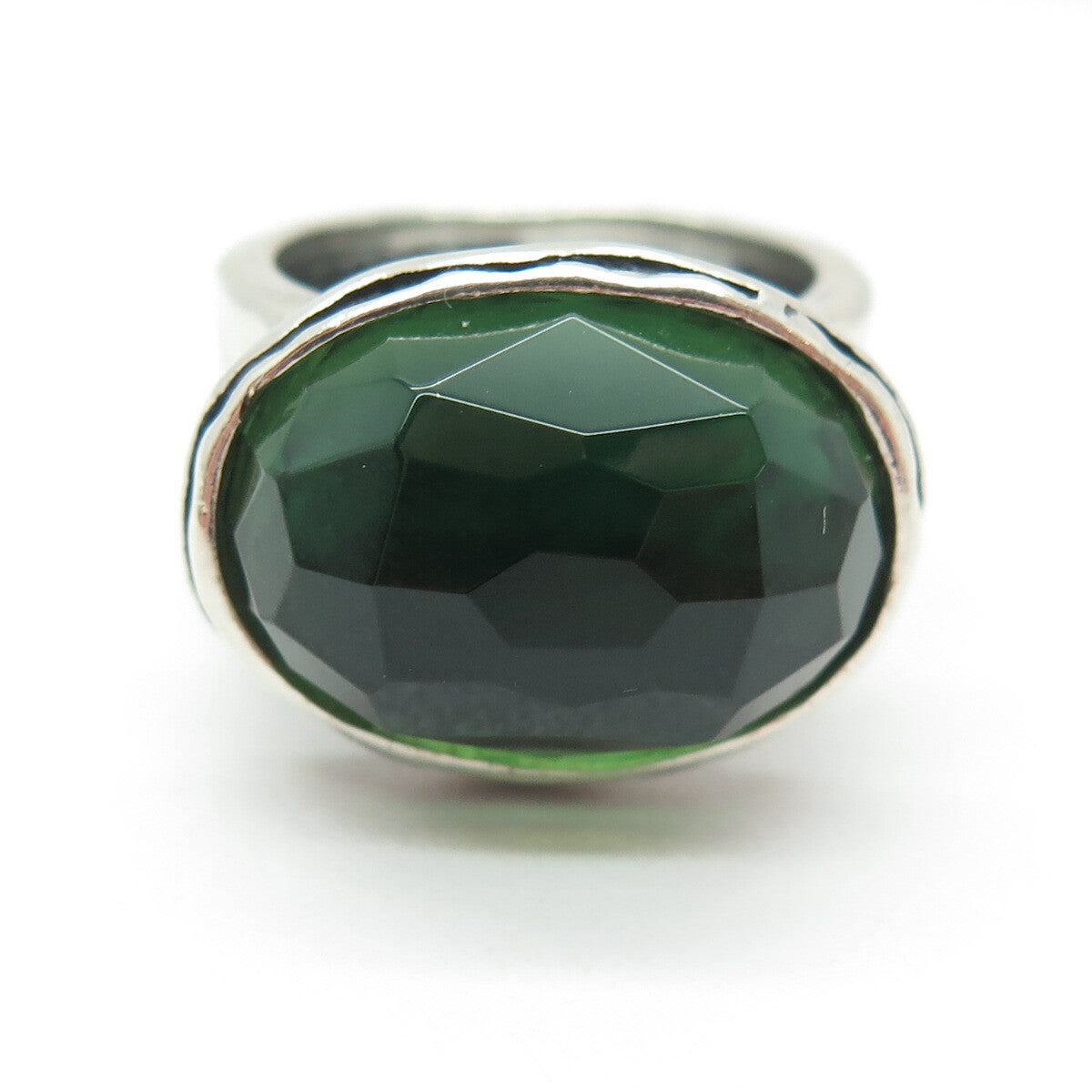 925 Sterling Silver Vintage Checkered Green Glass Dome Ring Size 6.25