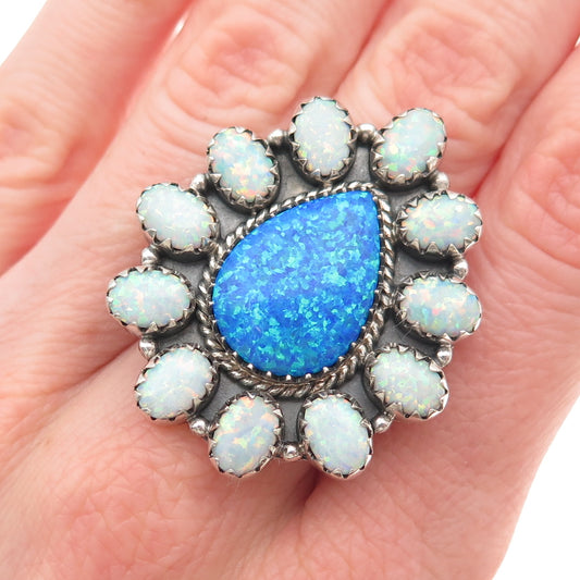 925 Sterling Silver Vintage Real Multi-Color Opal Adjustable Ring Size 6.75