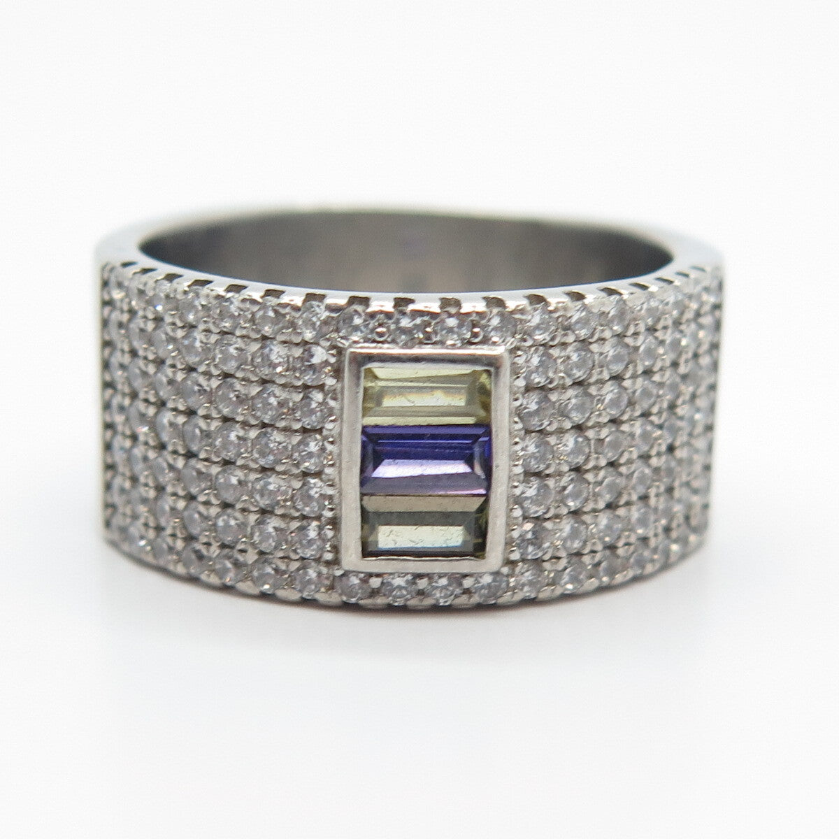 925 Sterling Silver Multi-Color C Z Wide Band Ring Size 7.25