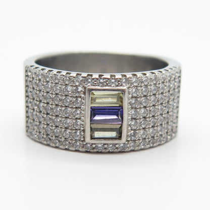 925 Sterling Silver Multi-Color C Z Wide Band Ring Size 7.25