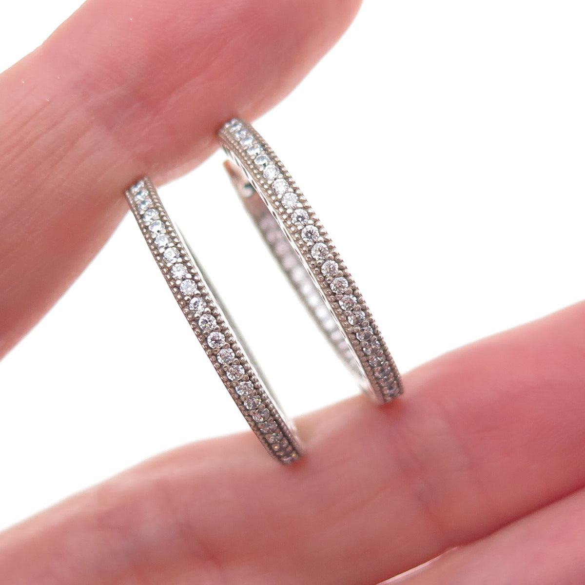 Pandora 925 Sterling Silver C Z Hearts In & Out Hoop Earrings
