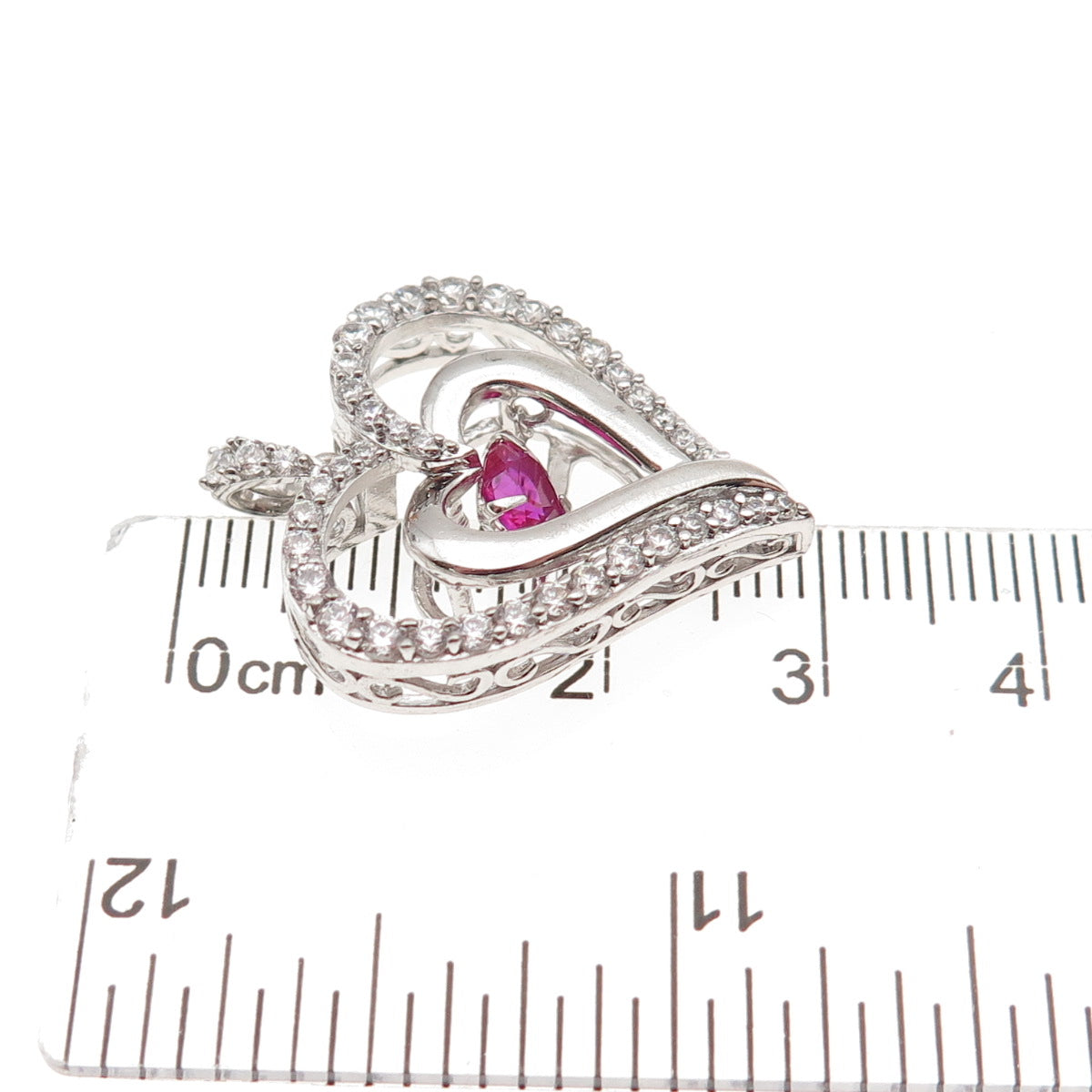 Sun 925 Sterling Silver Lab-Created Ruby & C Z Heart Charm Pendant