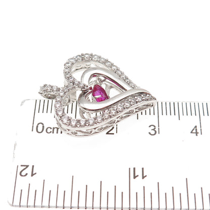 Sun 925 Sterling Silver Lab-Created Ruby & C Z Heart Charm Pendant